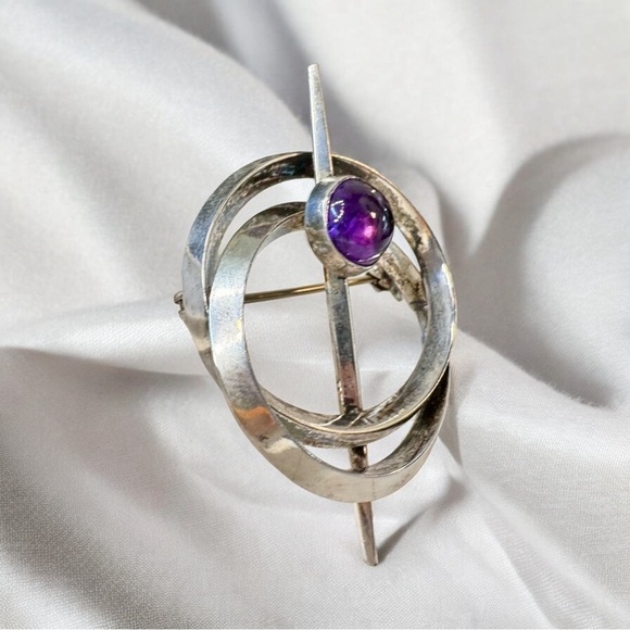 Unique Scandinavian Amethyst Sterling Silver Brooch — Arvo Saarela - Picture 2 of 9